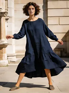 Women Plain Navy Blue <b>Boho</b> Maxi <b>Dress</b> <b>Long</b> Sleeve Oversized Loose Fit Round Neck Tiered Hem Casual Elegant <b>Dress</b> - Product Image 3