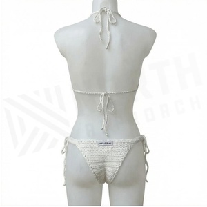 White Crocheted <b>Bikini</b> <b>Set</b> Women 2 Piece Halter Tie Side Swimwear Handmade Cotton Bamboo Fiber Solid Pattern - Product Image 2