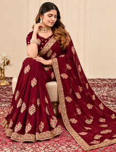 Vexotrend India Pakistan Premium <b>Velvet</b> Satin Traditional Customization <b>Saree</b> Women Embroidery Swarovski Jarkan Wrinkle-Free - Product Image 2