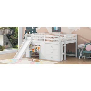 Letto a soppalco basso bianco a una piazza e mezza con scivolo, tre cassetti portaoggetti e due ante - Letti per bambini - Product Image 6