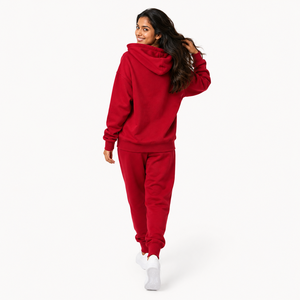 Ensemble de survêtement rouge à capuche pour femmes grandes tailles, manches longues, couleur unie, vêtements décontractés, poches latérales, taille élastique, coton mi-lourd - Product Image 4