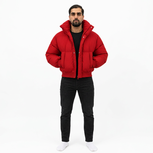 Chaqueta Acolchada Roja para Hombre, Cuello Alto, Cierre de Cremallera, Relleno Grueso de Poliéster, Estilo Casual de Invierno, Corte Regular Holgado, con Capucha - Product Image 3
