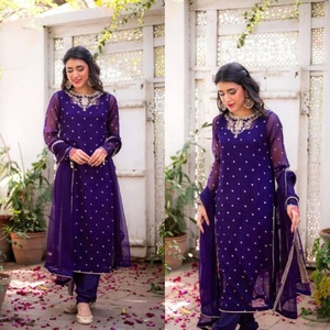Indien pakistanais dames tenue fantaisie Georgette broderie séquence haut bas Dupatta violet velours soie cousu pour adultes - Product Image 1