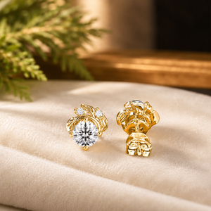 Boucles d'oreilles clous de fiançailles en or jaune vermeil 18 carats avec moissanite taille brillant rond et motif feuille florale pour femme - Product Image 2