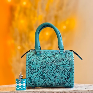 Sky Blue Color 100% Genuine Leather Mini Speedy Duffle <b>Bags</b> Women's Beautiful Attractive Floral Carved With Single Stone <b>Studded</b> - Product Image 6