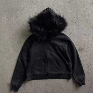 Veste à capuche blanche à manches courtes avec bordure en fausse fourrure, fermeture à cordon, 100% polyester, imprimé par sublimation, vêtements de sport unisexes - Product Image 4
