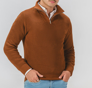 Pull classique en maille côtelée pour homme avec demi-fermeture éclair, chaud, couleur rouille, pour automne/hiver, ODM/OEM - Product Image 6