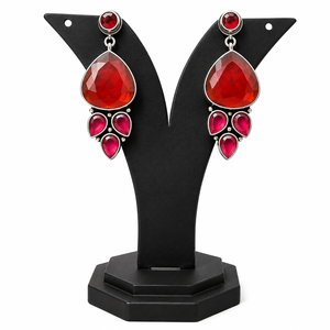 Boucles d'oreilles pendantes tendance Monalisa en pierre rouge et perles, plaquées argent antique, pour commande en gros, bijoux ethniques de mode pour femmes, idéales pour les fêtes - Product Image 1