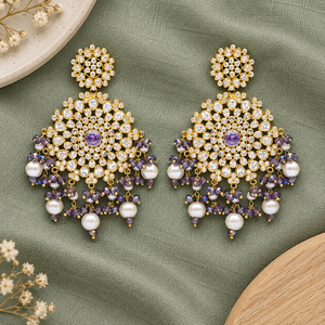 Pendientes de Araña Florales con Piedras Moradas Bañados en Oro y Perlas de Imitación, Joyería de Boda Pakistaní, Suministro al por Mayor Directo de Fábrica - Product Image 5