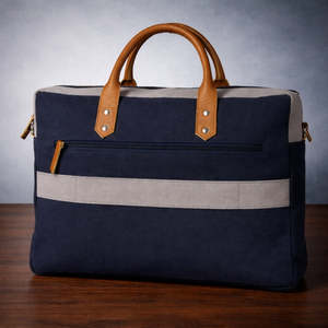 Sacoche Classique pour Ordinateur Portable en Toile Gris Marine Bicolore, Sac de Bureau Professionnel Durable avec Poignées en Cuir et Bandoulière - Product Image 1