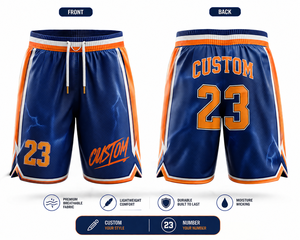 Shorts de basket-ball personnalisés pour hommes, bleu orange, impression par sublimation, numéro 23, respirant, léger, vêtements d'entraînement athlétique - Product Image 1
