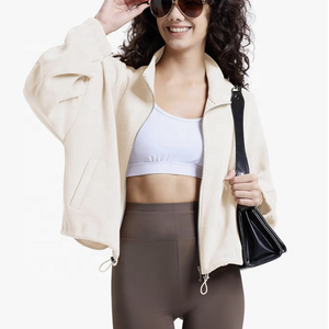 Sudadera recortada con cremallera completa para mujer, cuello alto de manga larga con cremallera y capucha corta, chaqueta informal con cuello levantado - Product Image 2