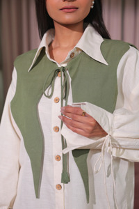 Women's 100% <b>Linen</b> Button Shirt Contrast Color Block Balloon Sleeve Casual <b>Top</b> Everyday Work Spring Summer Loose Fit White Green - Product Image 2