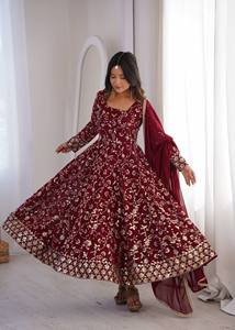 Robe Anarkali brodée bordeaux avec dupatta en mousseline de soie, ensemble Salwar Kameez pour femme, tenue de mariage et de fête - Product Image 4