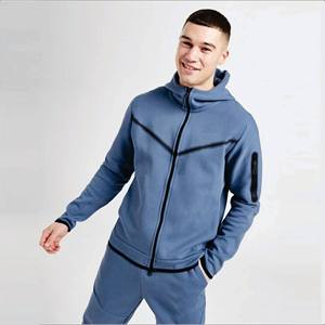 Survêtement bleu à capuche pour homme, sweat-shirt sportif à fermeture éclair intégrale avec poches latérales, coupe classique, vêtements d'automne - Product Image 1
