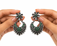 Boucles d'oreilles pendantes classiques en argent oxydé motif fleur, onyx, bijoux traditionnels pour femmes, vente en gros directe usine