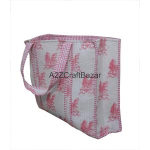 Handmade Cotton Quilted Large <b>Long</b> Handle Shoulder Tote <b>Bag</b> Women Eco Friendly Indian Bohemian Beach Tote Groceries Carry Floral - Product Image 1