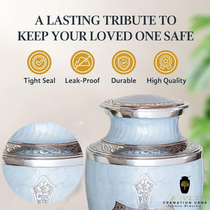 Urna Funeraria Cristiana de Metal Azul Claro con Cruz Plateada |   Urna Funeraria para Cenizas Humanas de Adultos |   220 Pulgadas Cúbicas Ecológicas y Duraderas - Product Image 3