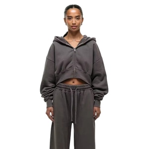 Wholesale High Quality OEM Winter Lightweight 100% Cotton GSM 380 Hooded Casual Solid Womens <b>Tracksuit</b> Washed Crop Top Flared - Product Image 1