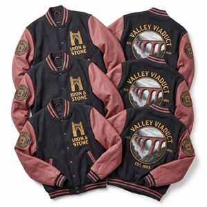 Chaqueta Letterman al por mayor, cuerpo de lana color carbón, mangas de cuero color rosa empolvado, bordado de arco de viaducto, abrigo universitario de béisbol - Product Image 1