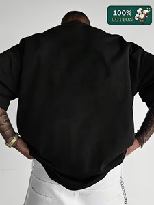 เสื้อยืดคอกลมแขนสั้นสีดำสำหรับผู้ชาย ผ้าฝ้ายเจอร์ซีย์ 100% ทรงปกติ สวมใส่สบาย สีพื้น ผ้าถัก รับสกรีนโลโก้ - Product Image 2