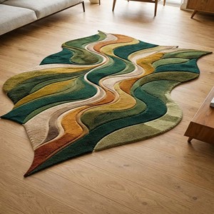 Contemporary Irregular Shape Rug Abstract Green <b>Brown</b> Wave Pattern Hand Tufted Soft Plush Carpet Home Living Room Bedroom Decor - Product Image 1