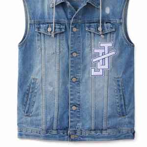 Gilet en jean bleu ciel à capuche pour homme, sans manches, avec logo brodé personnalisé, vente en gros - Product Image 5