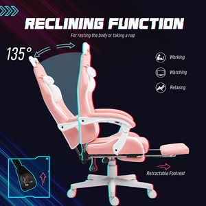 Sedia da gaming regolabile in altezza con poggiapiedi girevole, poggiatesta e supporto lombare in similpelle rosa - Product Image 6