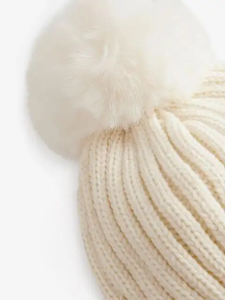 Bonnet tricoté crème avec pompon pour enfants, 52-54cm, couleur unie, chapeau d'hiver tricoté à la main, matériau acrylique, Style mignon - Product Image 3