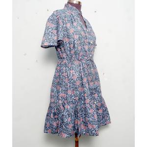 Women's Handmade Floral <b>Print</b> Midi <b>Dress</b> Short Sleeve Stand Collar Button Up High Waist Ruffle A Line Summer <b>Dress</b> - Product Image 3