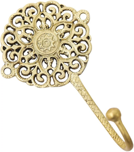 Gancho de Pared de Latón Macizo Antiguo con Diseño Floral Ornamentado, Gancho Decorativo de Metal Hecho a Mano, Gancho Individual Vintage para Ropa - Product Image 1