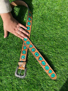 New Arrival Genuine Leather Western Hand Tooled and Hand Painted Floral <b>Belts</b> Real Handmade Tooled Leather Unisex Waist <b>Belts</b> - Product Image 2