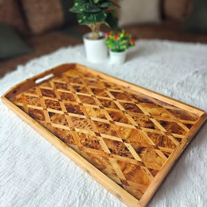 Plateau de service artisanal en bois de thuya marocain, plateau ottoman de luxe en bois de burl, décoration artisanale naturelle pour la maison, cadeau unique, bois rustique - Product Image 1