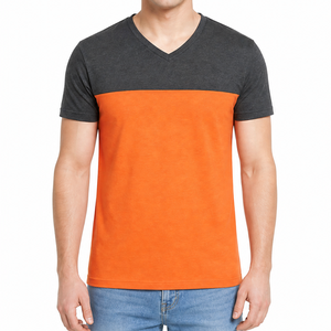 Camiseta Premium para Hombre con Cuello en V y Bloques de Color Naranja y Gris, Manga Corta, Corte Regular, Diseño Sólido - Product Image 1
