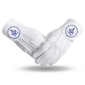 Gants de poignet en coton blanc avec emblème maçonnique et broderie bleue - Product Image 1