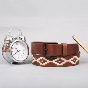 Luxury Handmade Brown Leather Argentine Polo <b>Belt</b> With Forest Green Navy White And <b>Red</b> Pampa Diamonds - Product Image 4