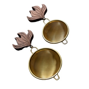 Premium gold tea strainer with carved wooden handle fine mesh loose leaf tea <b>filter</b> elegant brewing accessory reusable durable - Product Image 1