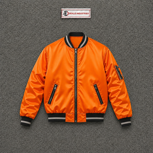 Chaqueta universitaria satinada naranja premium para hombre y mujer, chaqueta bomber brillante personalizada al por mayor con cuello y puños acanalados con rayas negras - Product Image 5