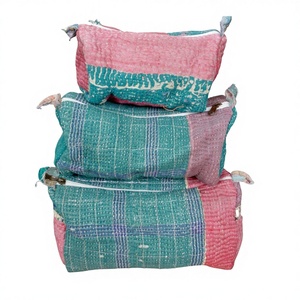 Indian kantha hand block print cotton cosmetic bag Makeup <b>pouch</b> set of three Accessory case Women's travel bag Handmade Kantha - Product Image 1