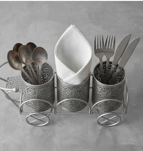 Vintage Metal Wheeled Cutlery Holder Silver 3 Compartment <b>Utensil</b> <b>Organizer</b> for Kitchen Tableware Storage - Product Image 3