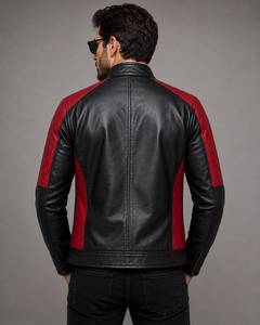 Blouson de motard en cuir et toile pour homme, style classique, col rabattable zippé, manches longues, vêtement d'extérieur décontracté et tendance - Product Image 3