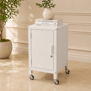 Sleek White <b>Storage</b> Cabinet with Rolling Wheels and Adjustable Shelves Compact Mobile Organizer for Any Space - Product Image 1