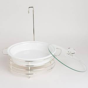 Juego de buffet de lujo con plato de cerámica blanca, tapa de vidrio y base de acero inoxidable cromado, calentador de alimentos cuadrado para bodas y fiestas. - Product Image 4