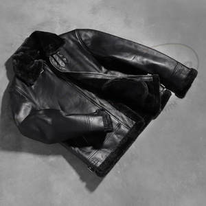 Veste en cuir véritable noir de qualité supérieure pour homme, style aviateur, col en fausse fourrure, coupe ajustée, rembourrée, pour l'hiver - Product Image 5