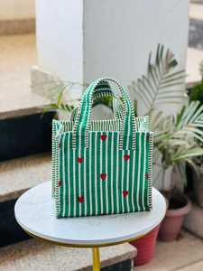 Veer Handicrafts Green <b>White</b> Striped Quilted <b>Tote</b> <b>Bag</b> Red Hearts Embroidery Zipper Closure Fashion Canvas Shopping <b>Bag</b> All - Product Image 3
