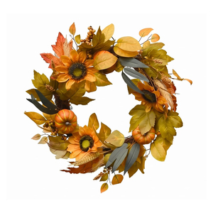 Vibrant Autumn Wreath Featuring Golden Sunflowers, Mini Pumpkins And Foliage, Festive Thanksgiving Harvest <b>Front</b> <b>Door</b> <b>Decoration</b> - Product Image 1