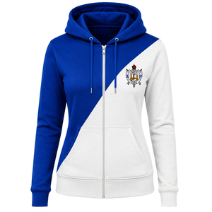 เสื้อฮู้ดซิปยาวสีน้ำเงินรอยัล-ขาว แบบมีแถบผ้าไขว้ 2 แถบ สำหรับผู้หญิง สไตล์สีบล็อก แขนยาว เหมาะสำหรับชมรม วิทยาลัย และกีฬา - Product Image 1