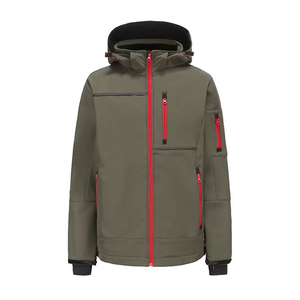 Chaqueta Acolchada con Capucha para Hombre, Verde Oliva, Cierre Rojo, Impermeable, Deportiva, para Invierno, Acolchado de Poliéster, Corte Regular - Product Image 1