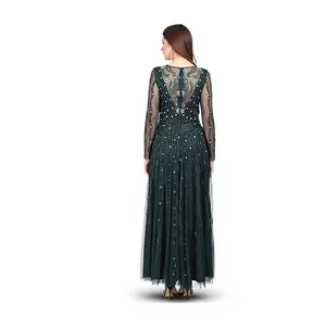 Robe de soirée élégante coupe trapèze longue avec broderie de sequins, col rond et manches longues - Product Image 2