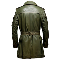 Manteau trench en cuir véritable vert olive pour homme, personnalisable, multi-poches, extra long, fermeture à un bouton, à capuche, respirant, séchage rapide